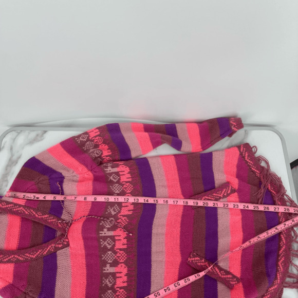 Alpaca Wool Youth XL Sweater Hooded Pink Striped Fringe Hem Pockets Made in Peru - Picture 5 of 12